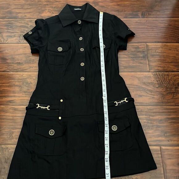 Y2K Bebe Black Gold Buttons Clasp Linen Blend Dress Feminine Club Event Party - Picture 3 of 11